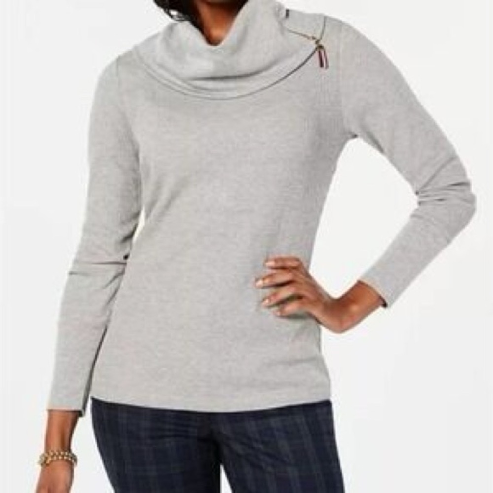Tommy Hilfiger grey waffle knit cowl neck long sleeve sweater